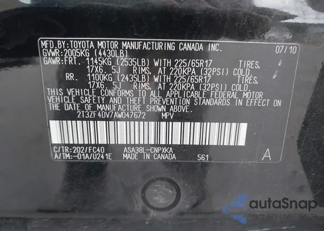 2010 Toyota Rav4 from USA, damaged, VIN 2T3ZF4DV7AW047672